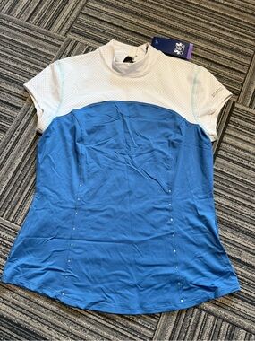 Women’s Short Sleeve Performance Tee in Blue and White — Stud Detail